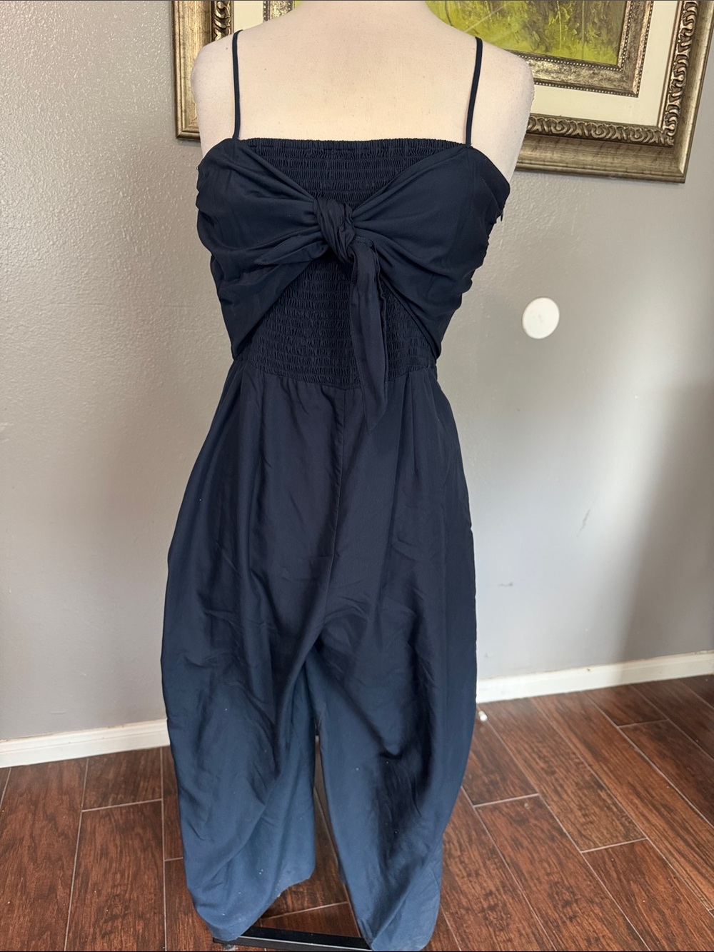 Gianni Bini Navy Tie-Front Smocked Wide Leg Jumpsuit